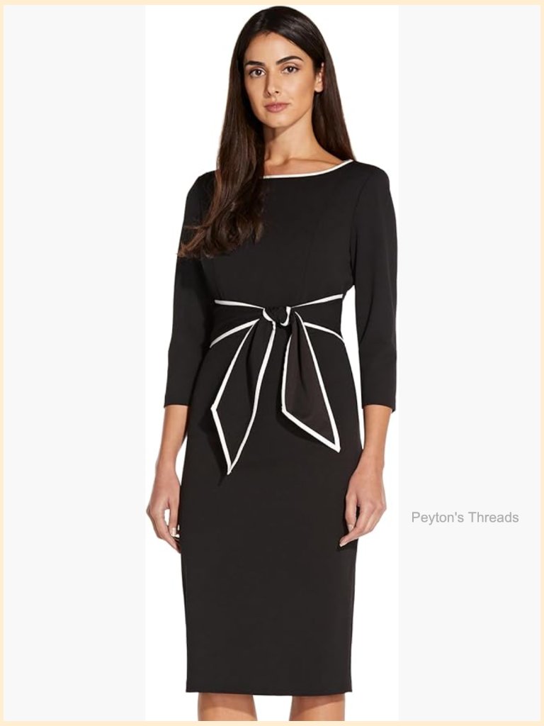 Tipped Crepe Tie Dress - Stretch Crepe, 3/4 Sleeve, Zipper Closure